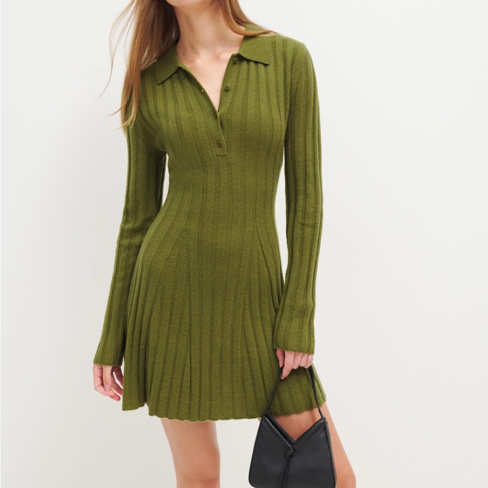 Reformation Walsh Cashmere Collared Mini Dress in Pear Color, size small